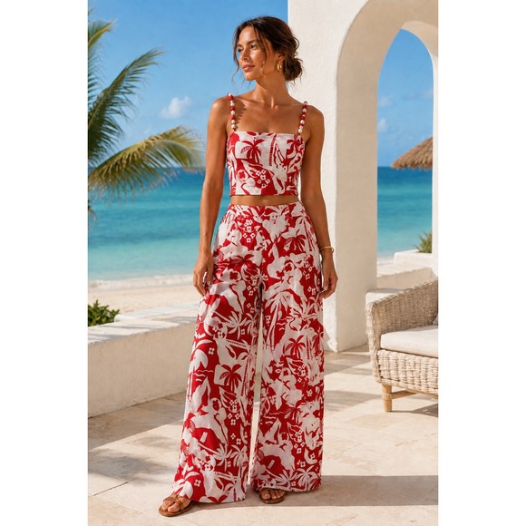 Rose+Olive Dresses & Skirts - Rose+Olive Resortwear Set Women S Red White Tropical Beaded Cami Wide Leg Pants